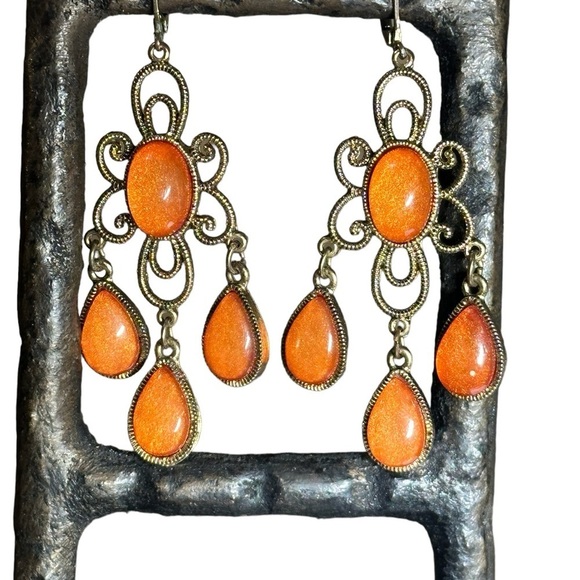 Filagree orange chandelier boho pierce earring with French wire - Picture 1 of 3